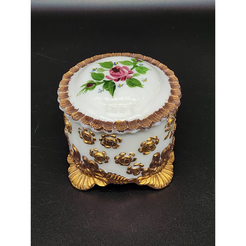 Vintage Victorian Style Hand Painted Milk Glass Trinket Jar, Rainbow Glass RARE